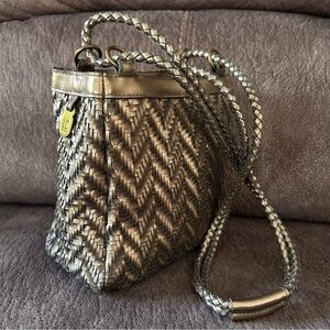 Vintage 80s/90s Liz Claiborne Metallic Gold Faux Woven Leather Shoulder Bag Tote